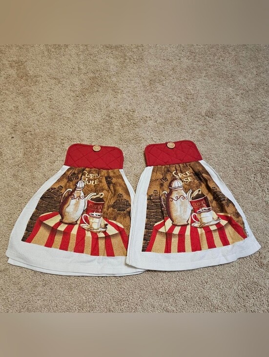Other - 2 Handcrafted Towels Attached To Potholders | Red, White, Brown | Coffee